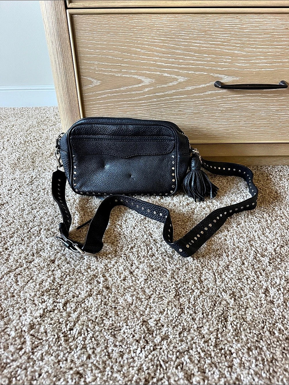 Rebecca Minkoff Leather Camera Bag with Studded Guitar Strap Black, Fringe